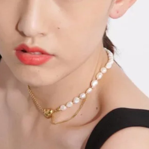 New 18K Gold Natural Pearl Heart Chain Necklace - Picture 12 of 16